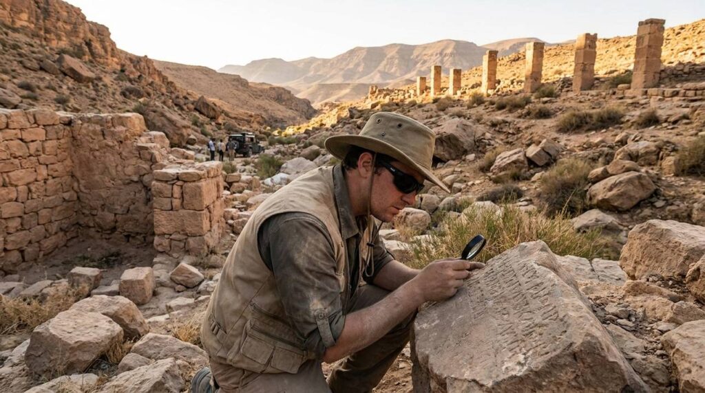 Archaeologist examines ancient ruins in Wadi Zered, wearing hat and sunglasses.