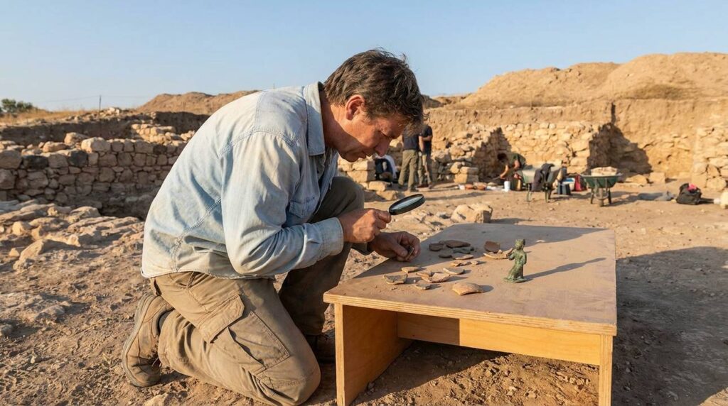 Archaeologist examining artifacts at Karnaim with ancient structures in background.