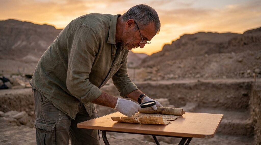 Israeli historian examines ancient scrolls at sunset in desert landscape.