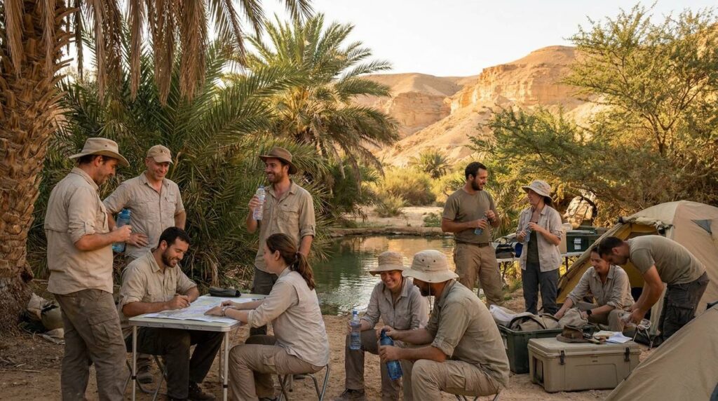Diverse group of explorers resting at an oasis in the Negev desert.