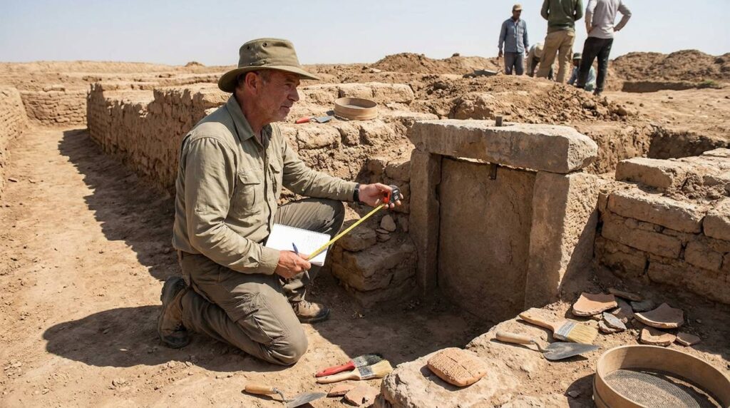 Middle Eastern archaeologist examines ancient canal ruins in desert landscape.