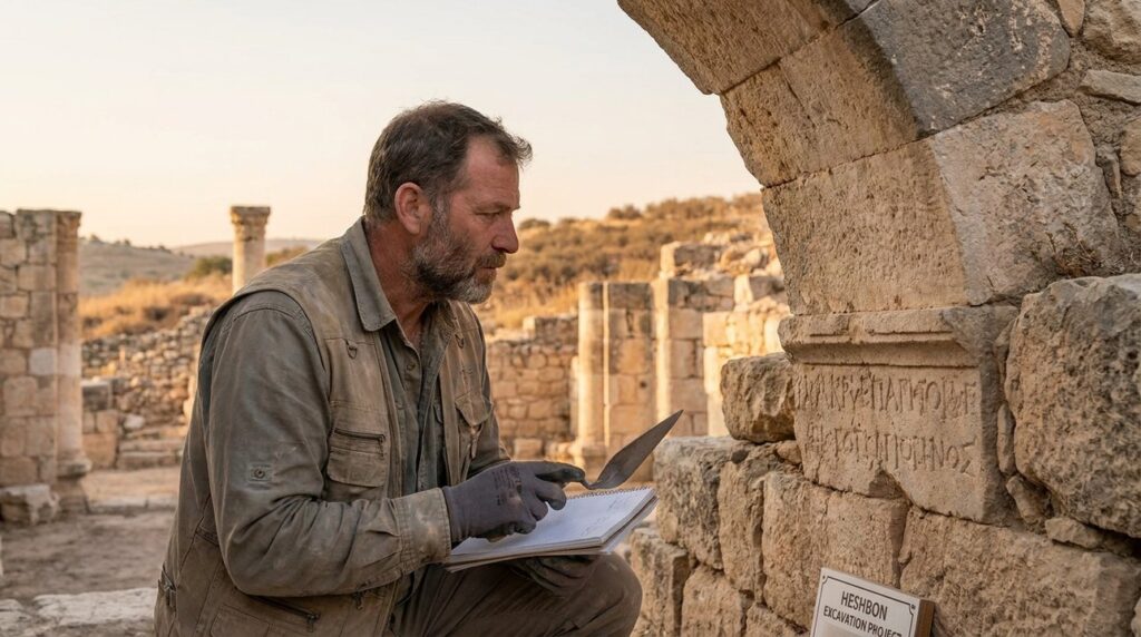 Archaeologist examining ancient stone ruins at Heshbon in morning light.
