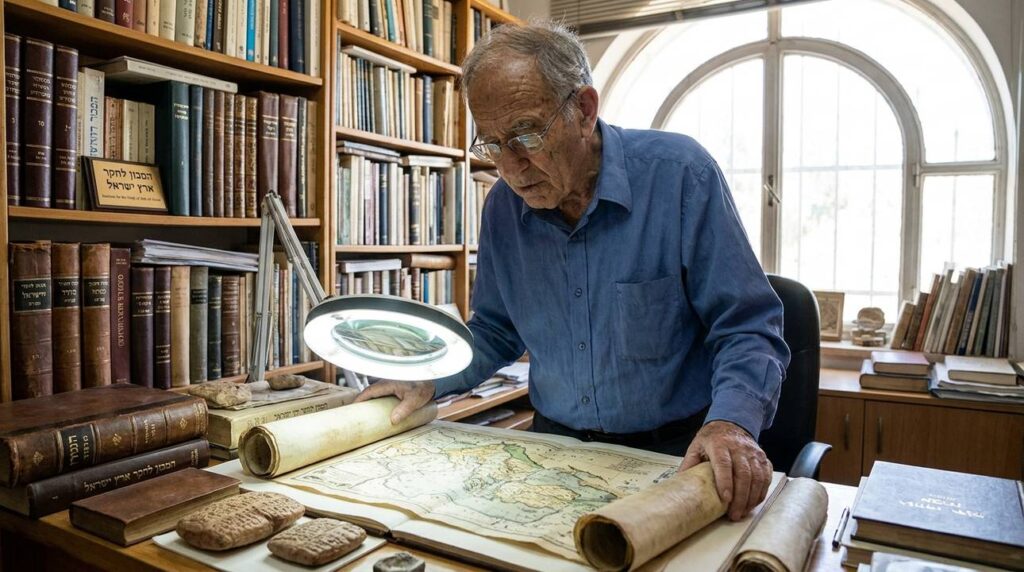 Elderly Israeli historian studies ancient maps in a sunlit study.