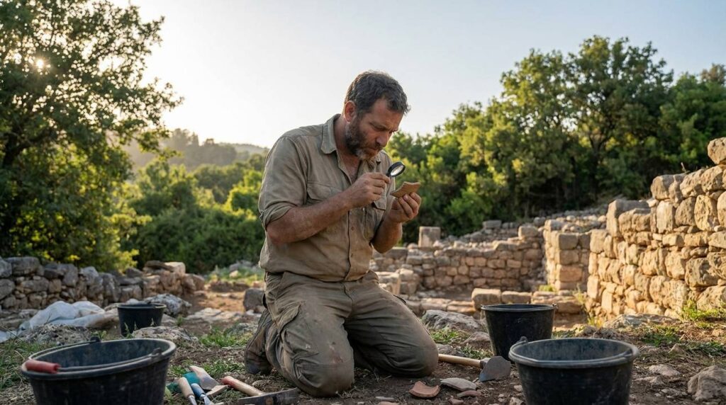Israeli archaeologist examines artifacts at Galilee dig site, ruins visible.