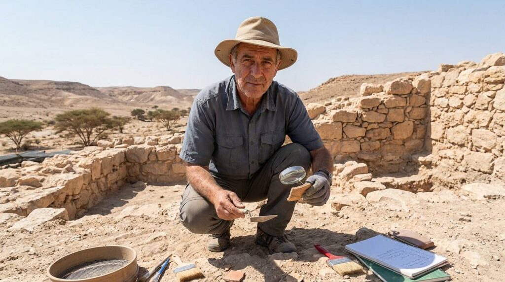 Israeli archaeologist examines artifacts at Negev desert dig site.