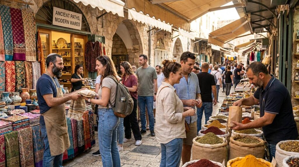 Modern traders and artisans exchanging goods in Jerusalem market.