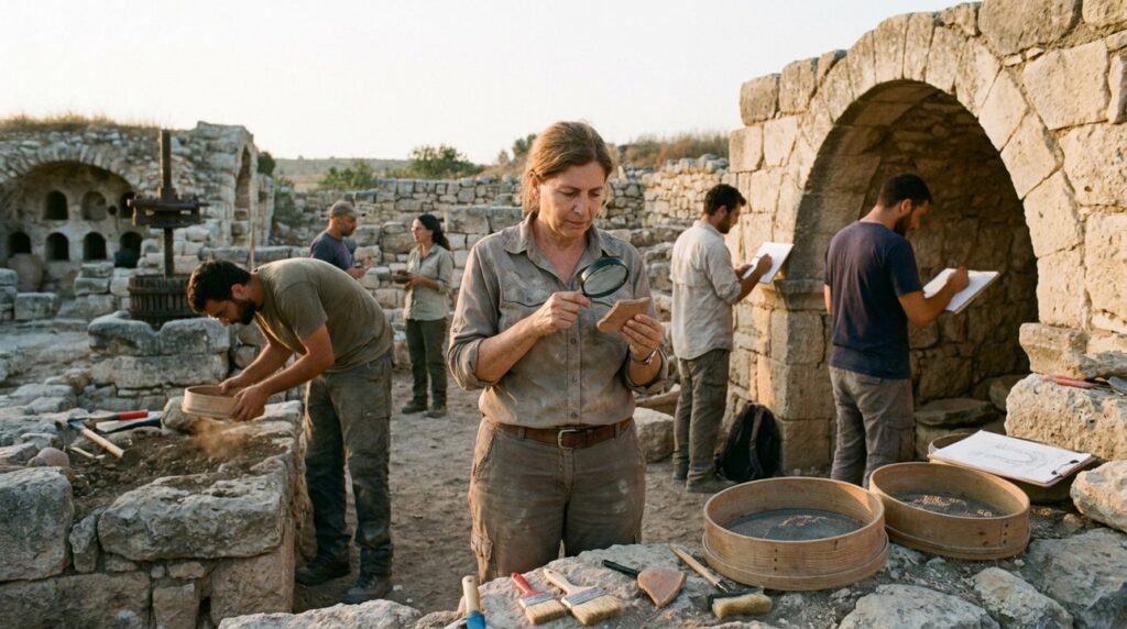 Diverse archeologists examining artifacts at Mareshah, Israel in evening light.
