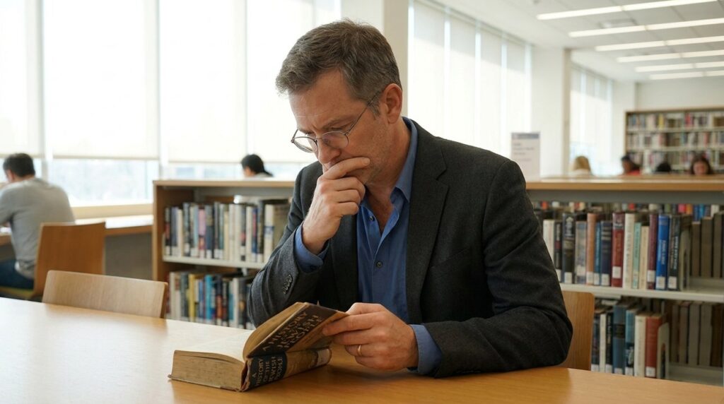 Israeli man in his 40s reading a book in a library.