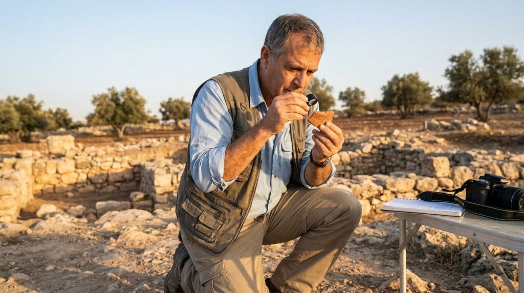 Israeli archaeologist examines pottery shard at Salim archaeological site.