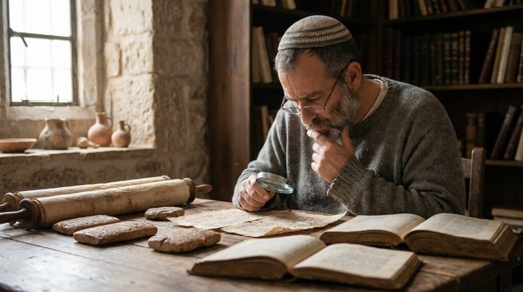 Middle-aged Jewish man studies ancient texts at wooden desk.