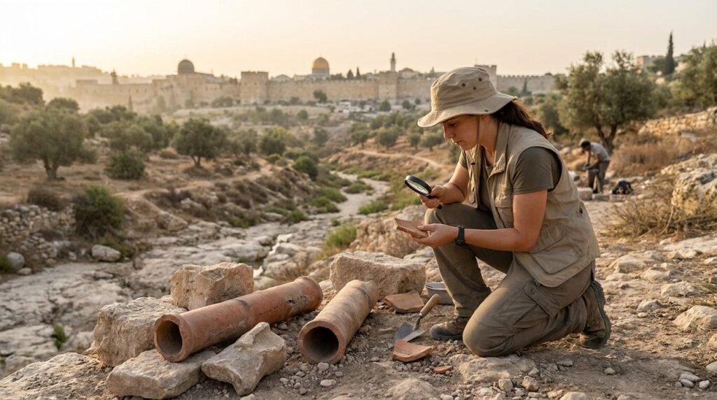 Israeli archeologist examines artifacts near Brook Kidron with Jerusalem in background.