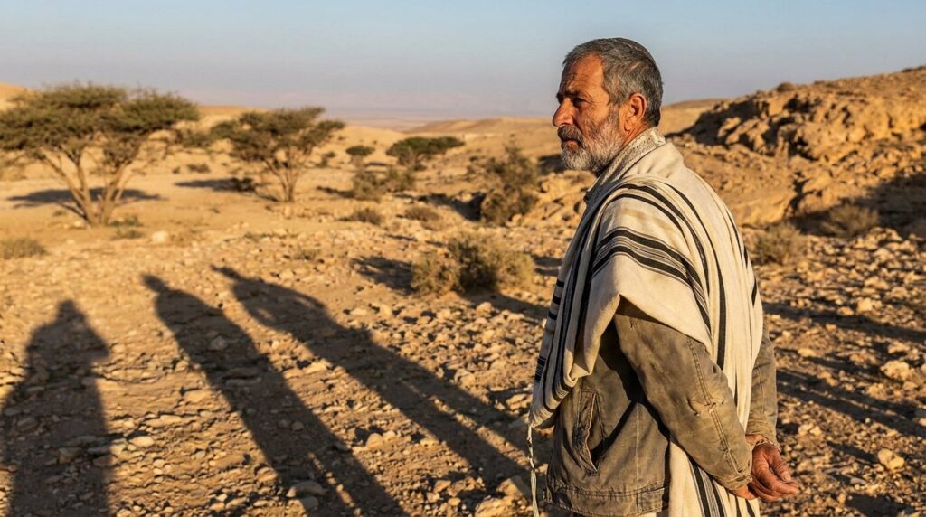 Israeli man in tallit stands in Negev Desert at sunrise.