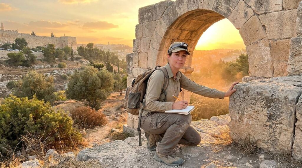 Archaeologist examines Valley Gate in Jerusalem at sunset, holding notebook.