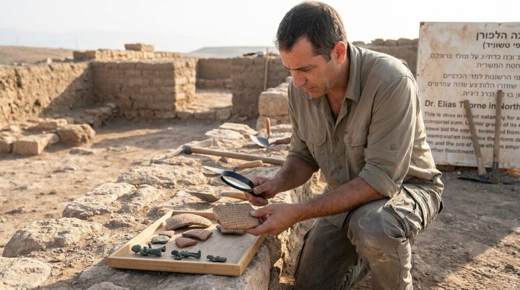 Historian examines Assyrian artifacts at archaeological site in Israel.