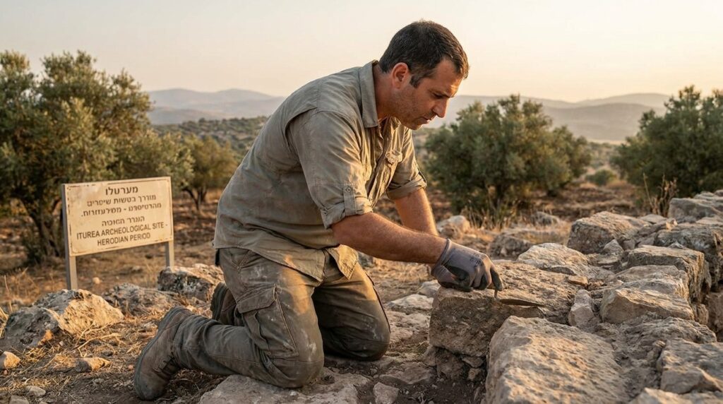 Israeli archaeologist examines ancient ruins in Iturea during golden afternoon.