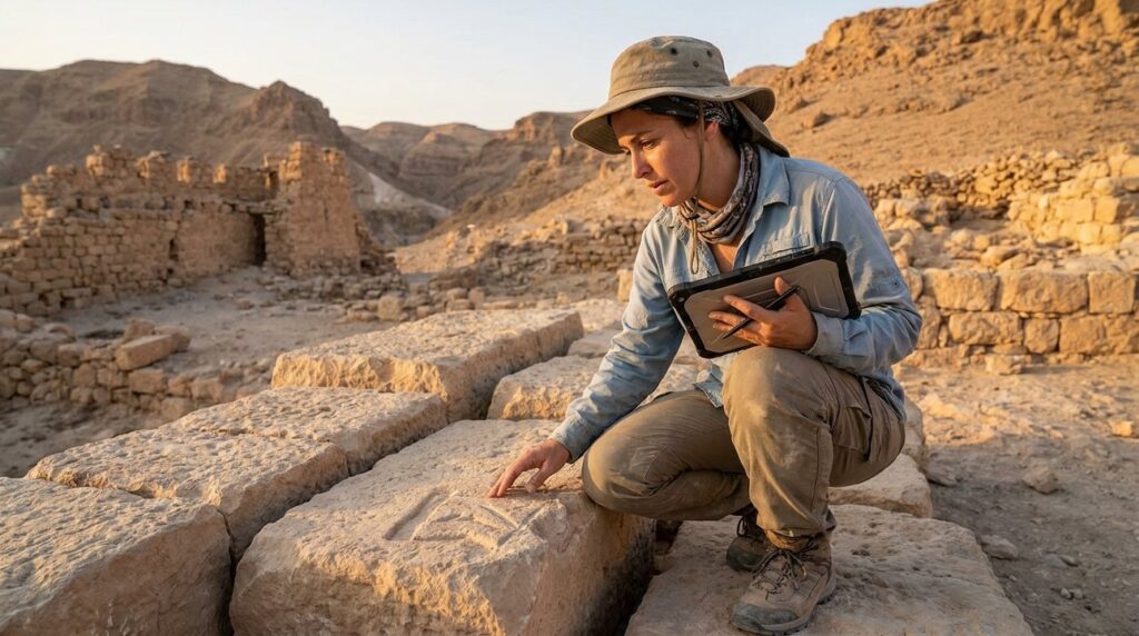 Israeli archaeologist examining stone ruins at Kir Hareseth with digital tablet.