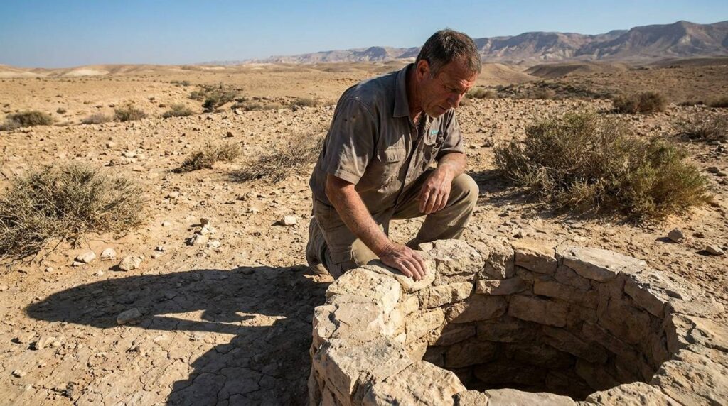 Middle-aged Israeli man inspecting ancient well in Negev desert.