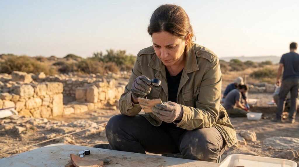 Israeli historian examines pottery at Lehi archaeological site.