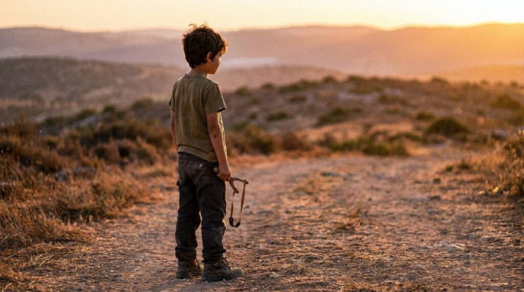 Young Israeli boy holding a slingshot, gazing towards horizon at sunset.