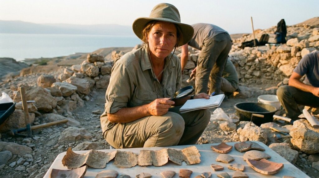Israeli archaeologist examining ancient texts in a valley at sunset.