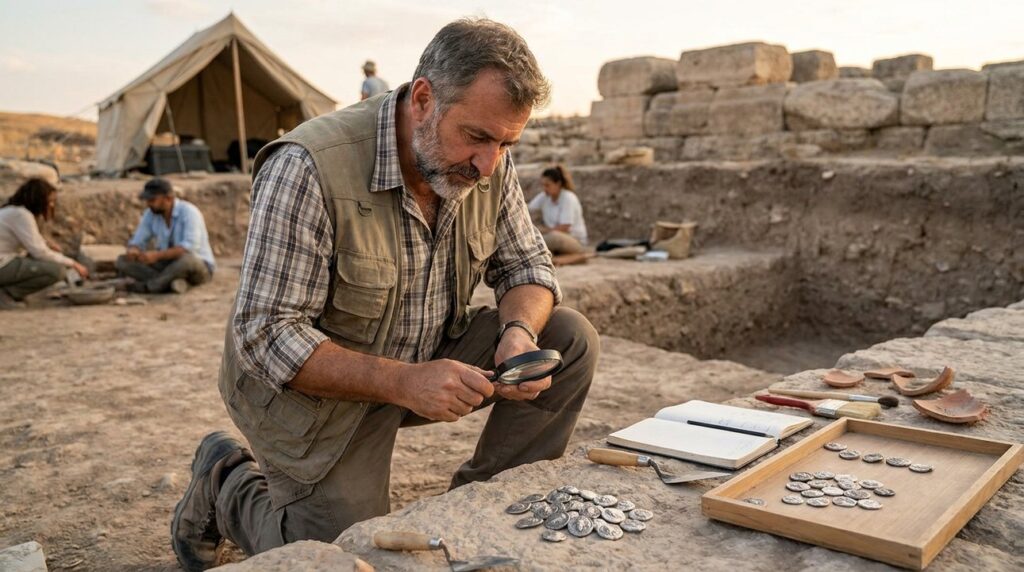 Archaeologist examining Lydian coins at a dig site near Sardis.
