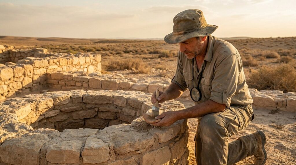 Israeli archaeologist examining ancient well in desert, late afternoon light.