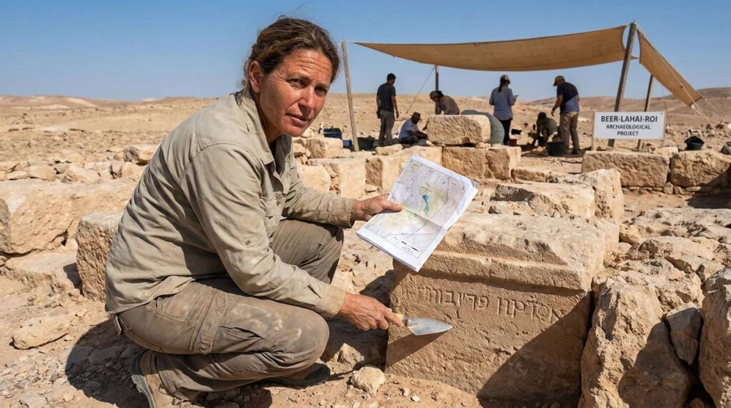 Israeli archaeologist examines stone ruins in Negev desert with tools.