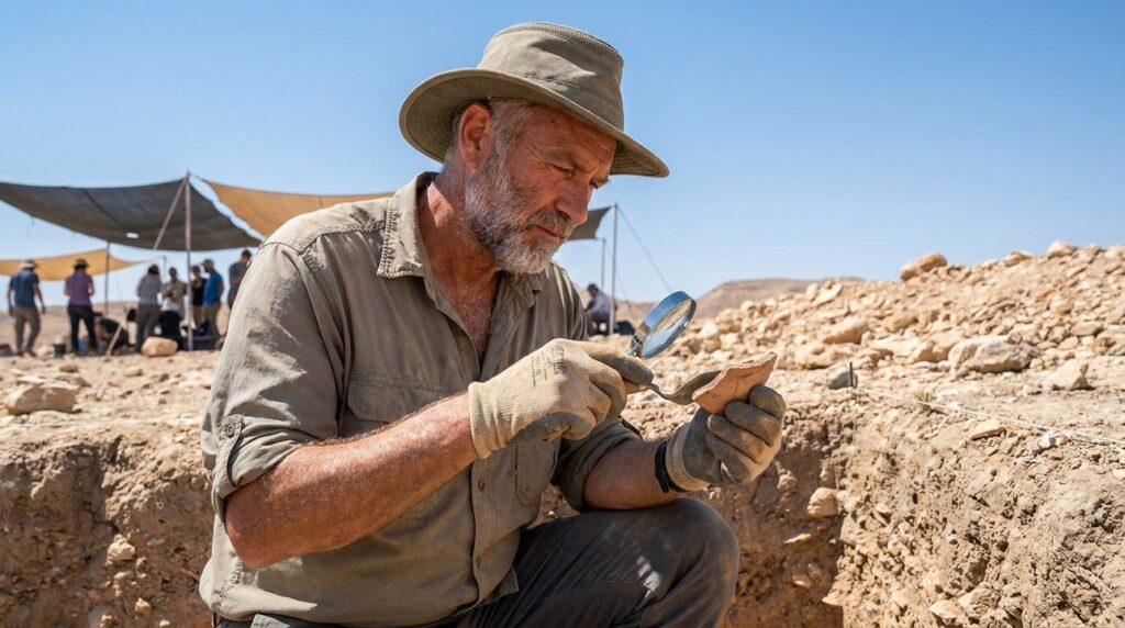 Middle-aged Israeli archaeologist examines artifacts at Negev Desert dig site.