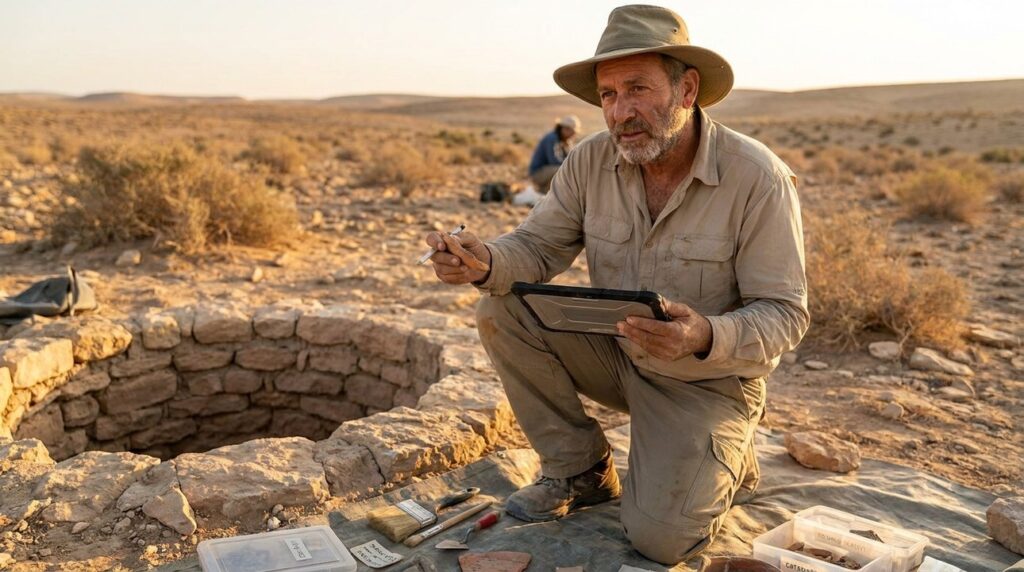 Israeli archaeologist examines artifacts at Beer-Lahai-Roi, using digital tablet.