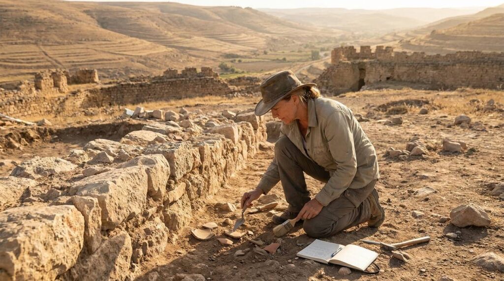 Israeli archaeologist examines ancient ruins in Kir under golden sunlight.