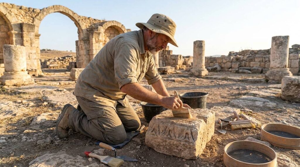 Archaeologist examines ancient ruins in Heshbon with excavation tools around.