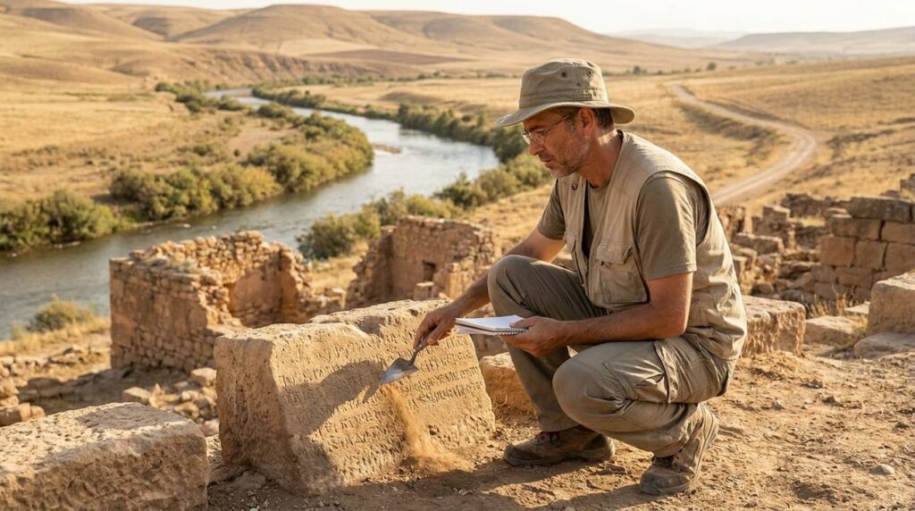 Historian examines ancient stone ruins near Jordan River at Zaretan.