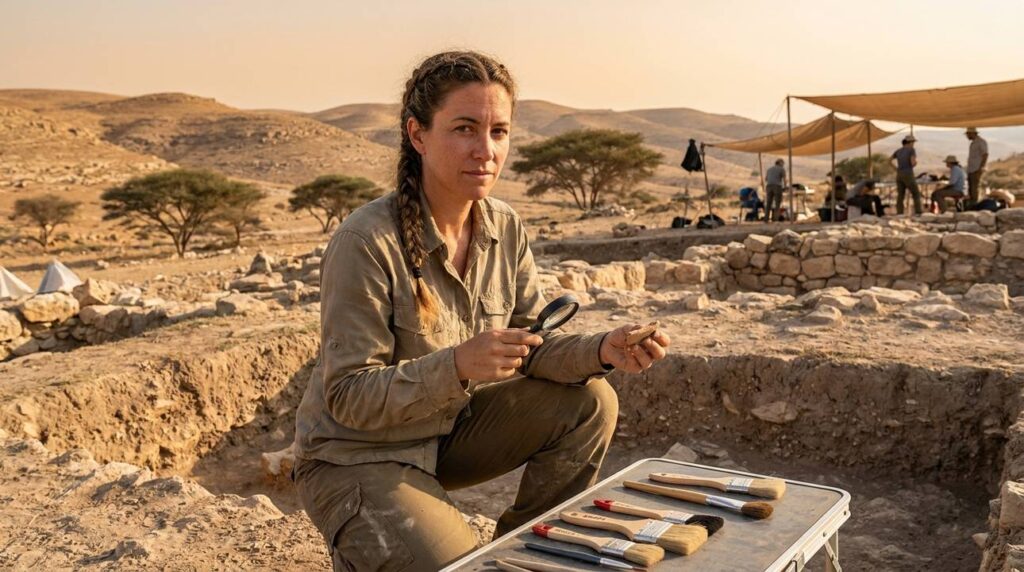 Israeli archaeologist examining artifacts at Ziklag site in desert landscape.