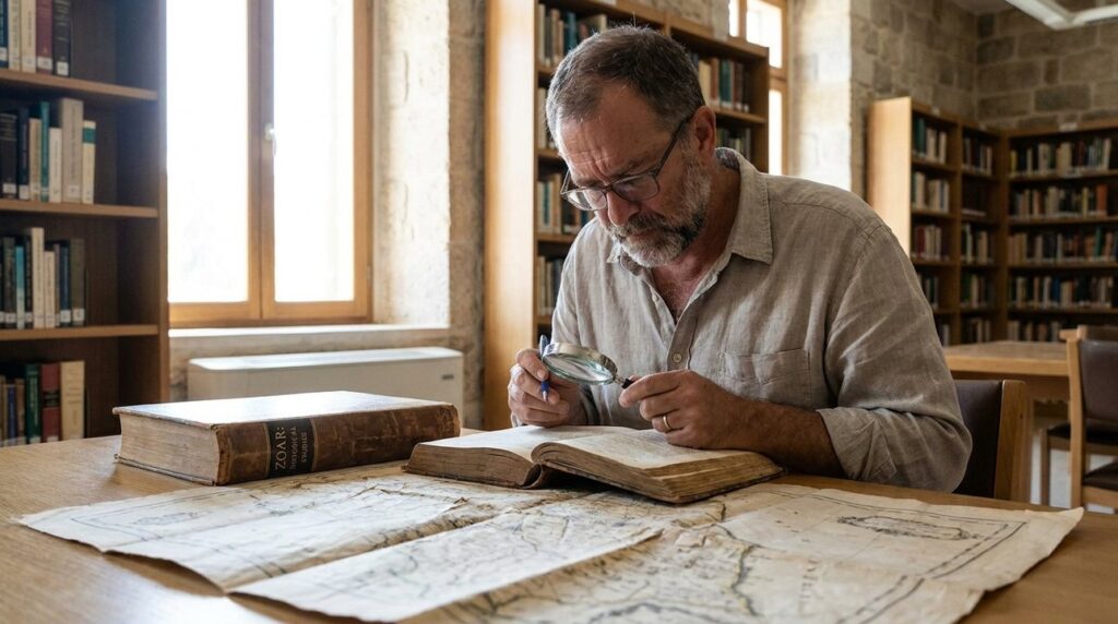 Israeli historian studying ancient maps in a sunlit library.