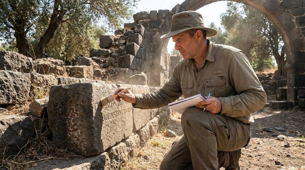 Israeli archaeologist examining ancient ruins in Chorazin on a sunny day.