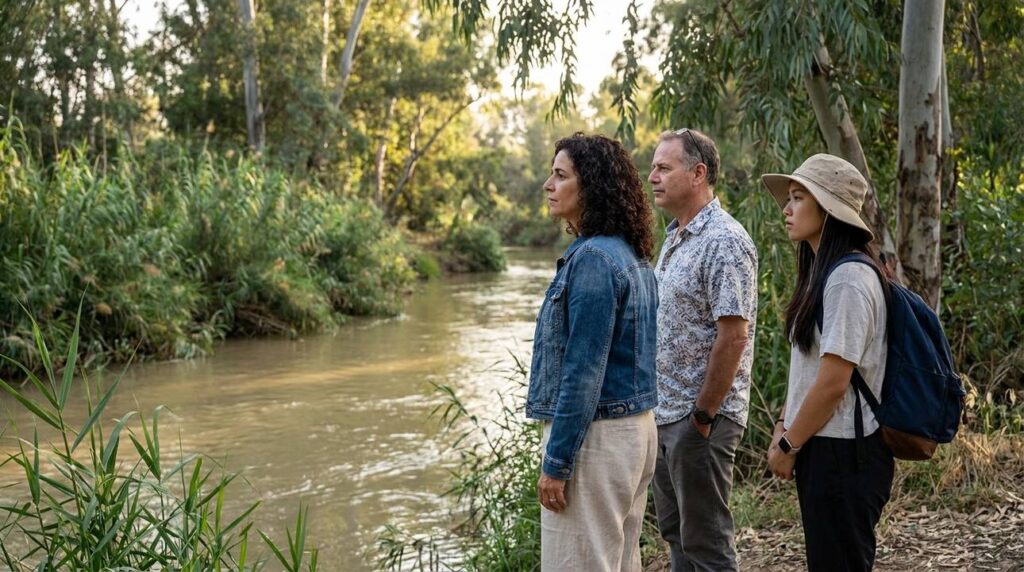 Diverse group by Jordan River, reflecting beside flowing water.