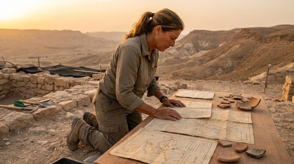 Israeli archaeologist examines maps and artifacts at Negev desert site.
