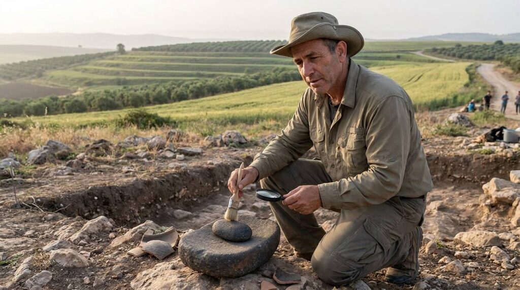 Archaeologist examines ancient tools at Batanea, Israel dig site.