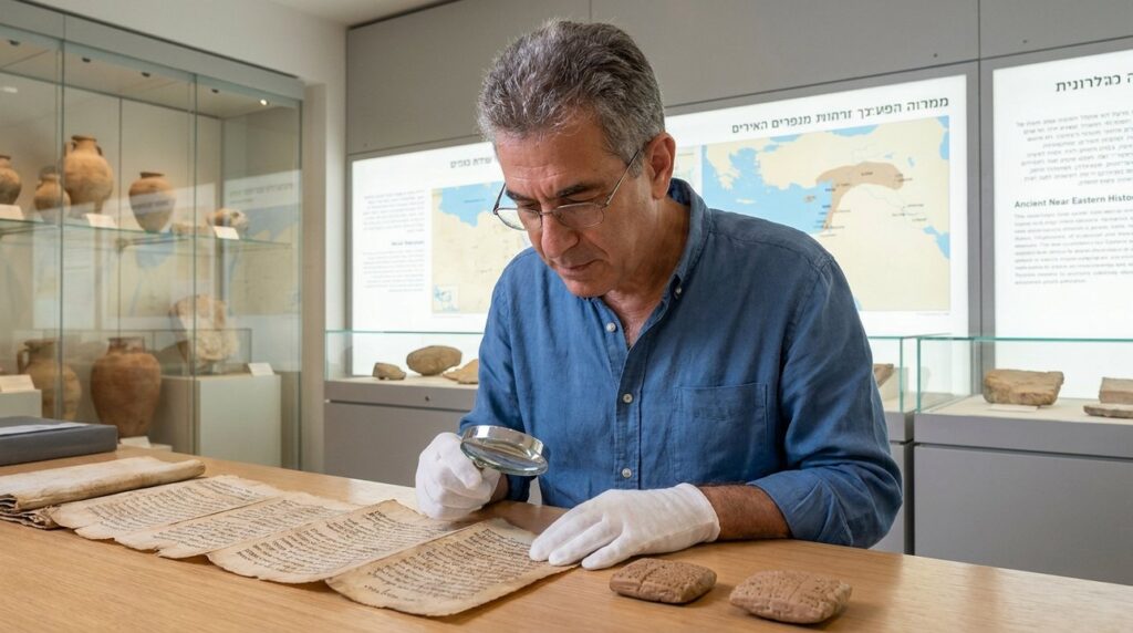 Israeli historian examines ancient scrolls in a modern archaeological museum.