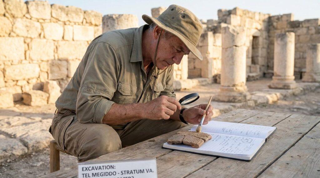 Israeli historian examines ancient texts at outdoor historical site in Israel.