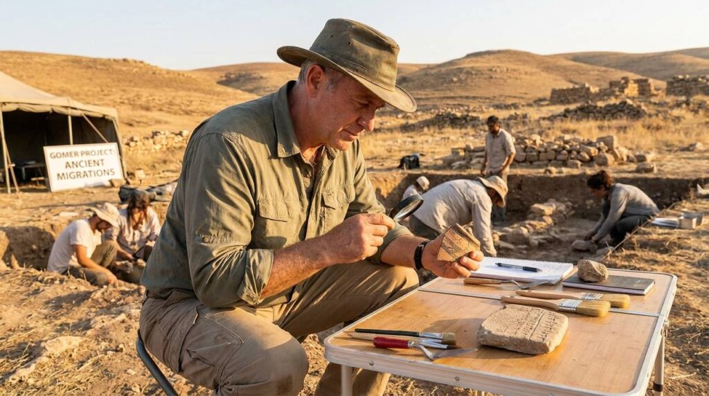 Archaeologist examines artifacts at excavation site under evening sun.