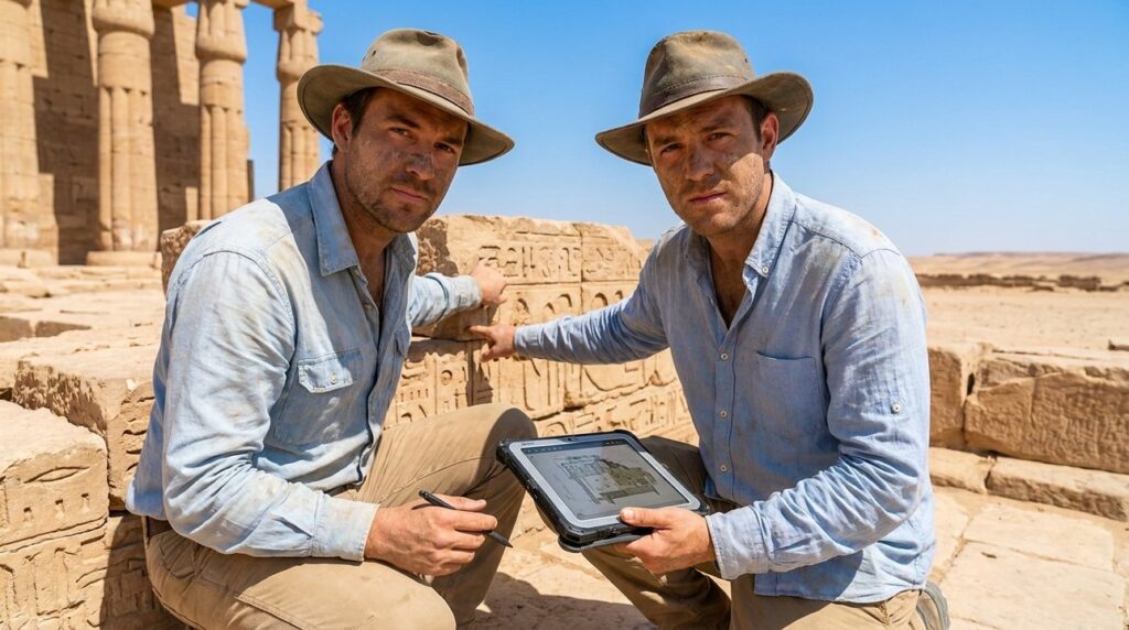 Archaeologist using tablet at ancient Egyptian temple ruins.