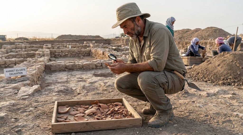 Israeli archaeologist examines pottery shards at Khirbet es-Sibte dig site.