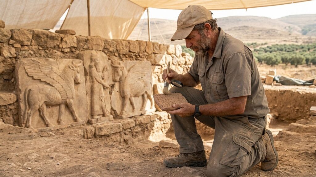 Israeli archaeologist examines cuneiform inscriptions at Nahor dig site.