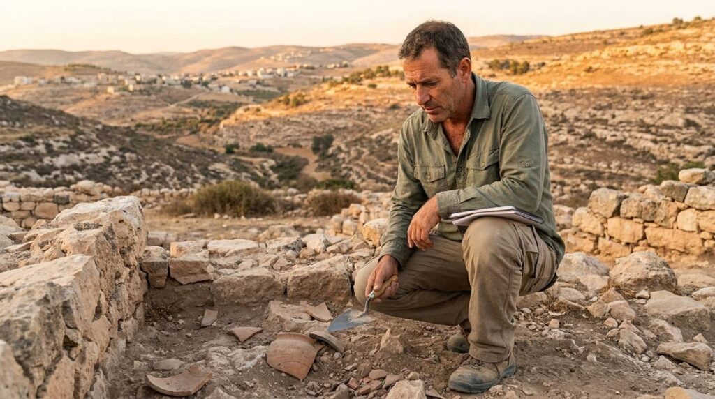 Israeli archaeologist examines ancient ruins at Ramah in evening light.