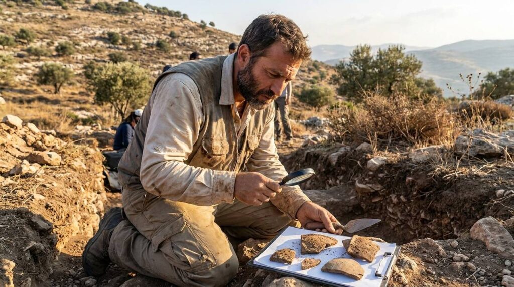 Male archaeologist examining pottery shards at Mount Ebal excavation site.