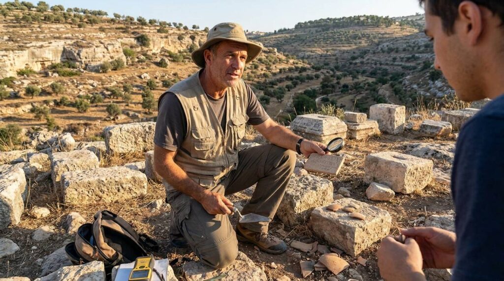 Israeli researcher examines ancient artifacts in Hinnom Valley, Jerusalem.