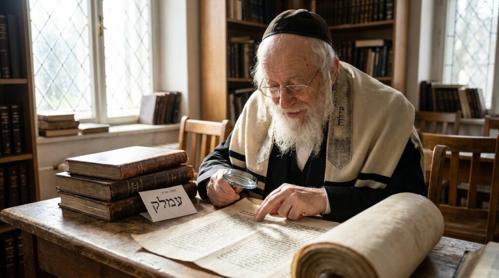 Elderly Jewish man studying ancient texts in a traditional study room.