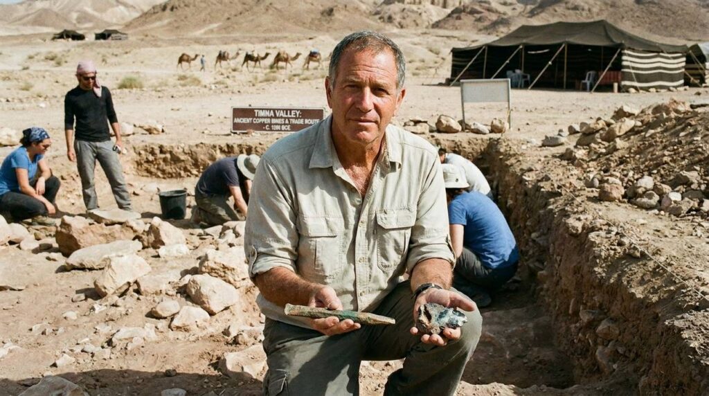 Israeli archaeologist examining copper artifacts at Negev Desert dig site.