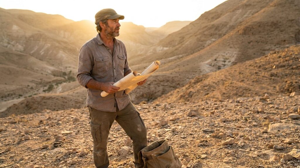 Israeli historian holding scrolls in sunlit Valley of Achor.